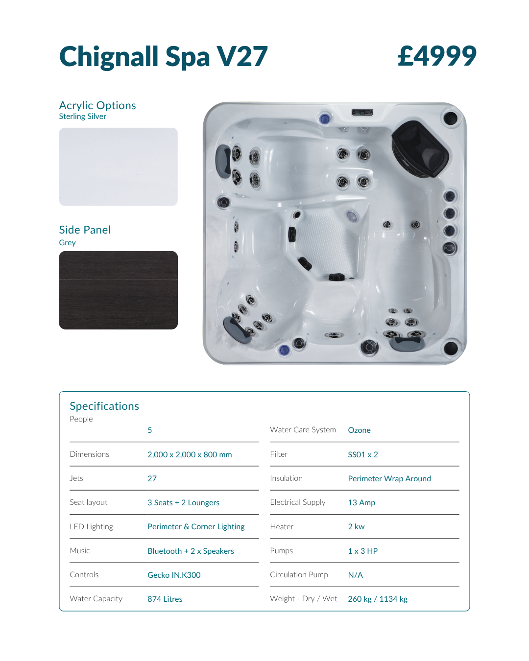 Chignall Spa V27 13 amp 5 person hot tub 3 seats and 2 loungers